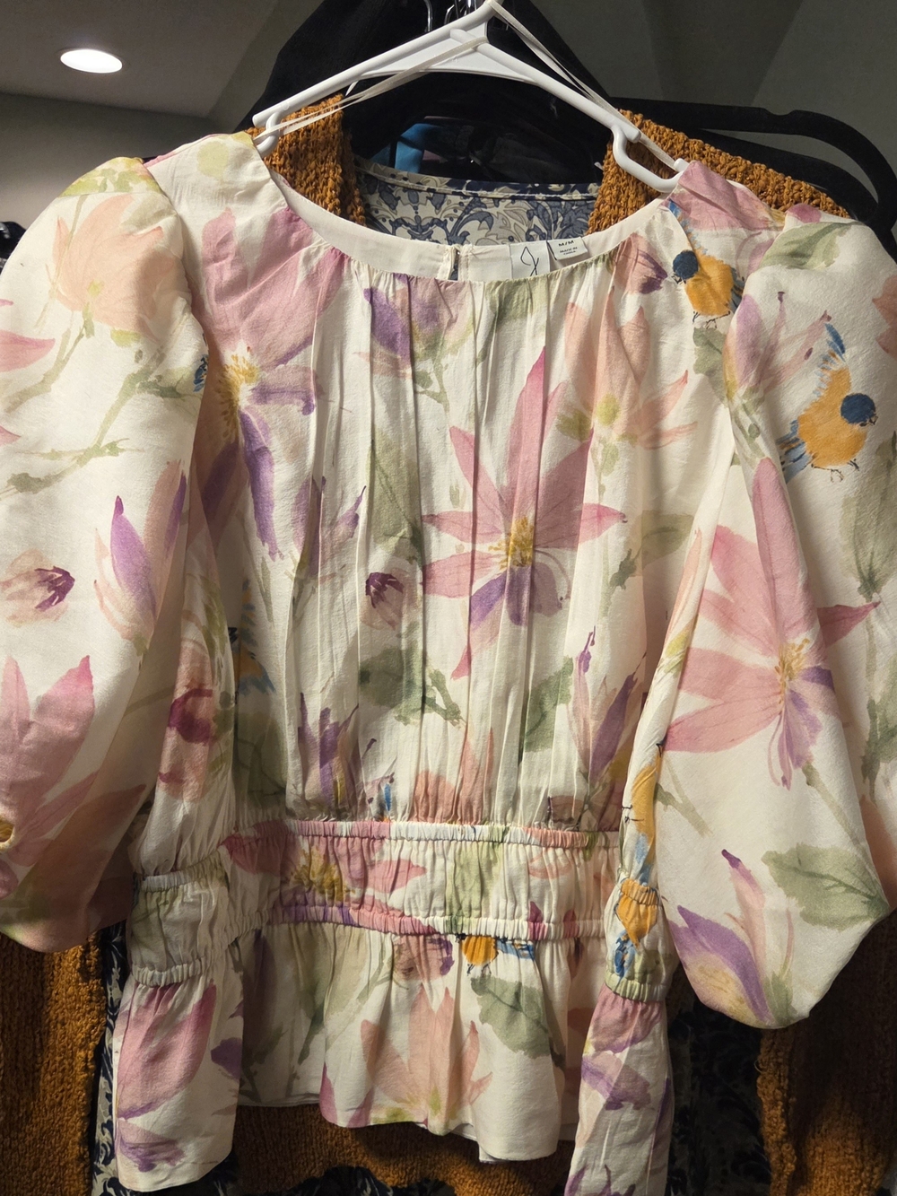 Joie Floral Puff-Sleeve Top in Cream, Pink, Purple and Yellow